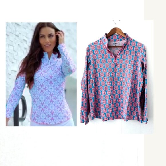 IBKUL Zip Long Sleeve Mock Neck Top Pink Blue medallion XL - Picture 1 of 10